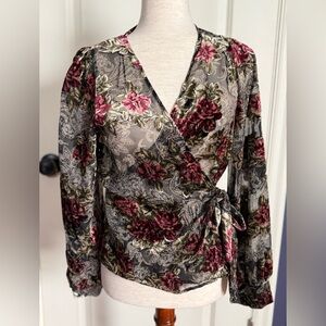 Floral Wrap Blouse - Black and Red